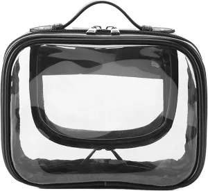 TSA Approved Clear Toiletry Bag, Leather Waterproof Travel Makeup Bag for Women, Portable Transparent Cosmetic Case with Double Layer 4 Compartments Zipper (Black, Small)