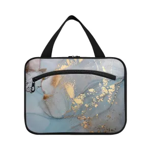Turquoise Blue Marble with Gold Smudges and Stains Golden Pigment 1 PC Hanging Travel Wash bag with Handles, Portable Makeup Organizer Brush Storage Case Portable Travel Cosmetic with Hook L