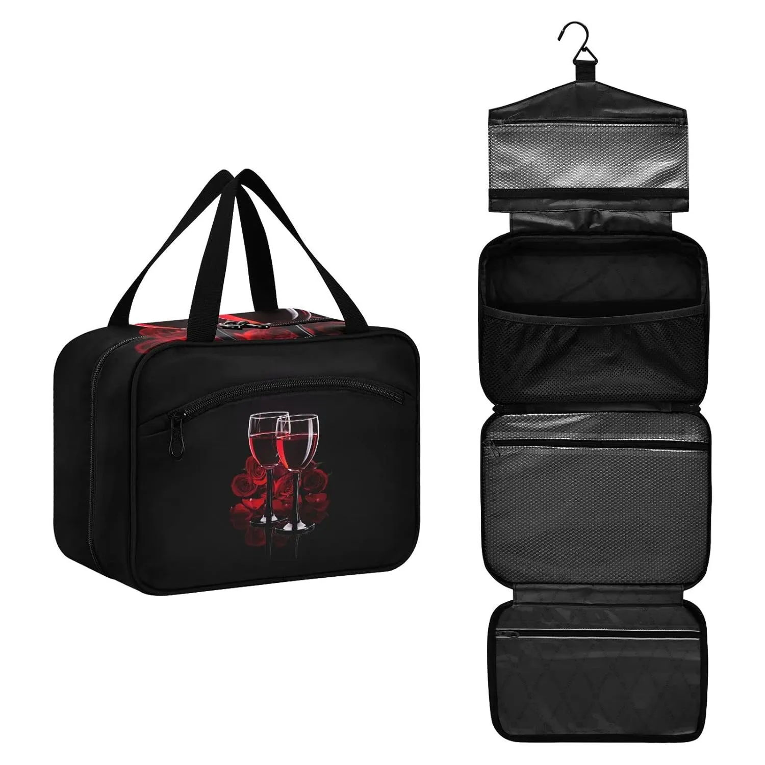 Two Glasses of Red Wine with Red Rose on Dark 1 PC Hanging Travel Wash bag with Handles, Portable Makeup Organizer Brush Storage Case Portable Travel Cosmetic with Hook M