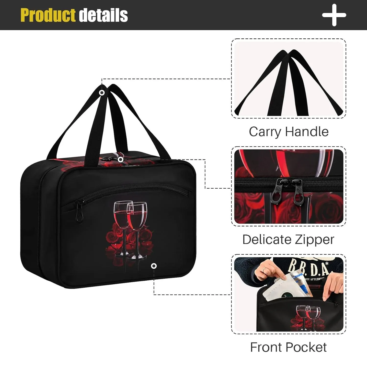 Two Glasses of Red Wine with Red Rose on Dark 1 PC Hanging Travel Wash bag with Handles, Portable Makeup Organizer Brush Storage Case Portable Travel Cosmetic with Hook M