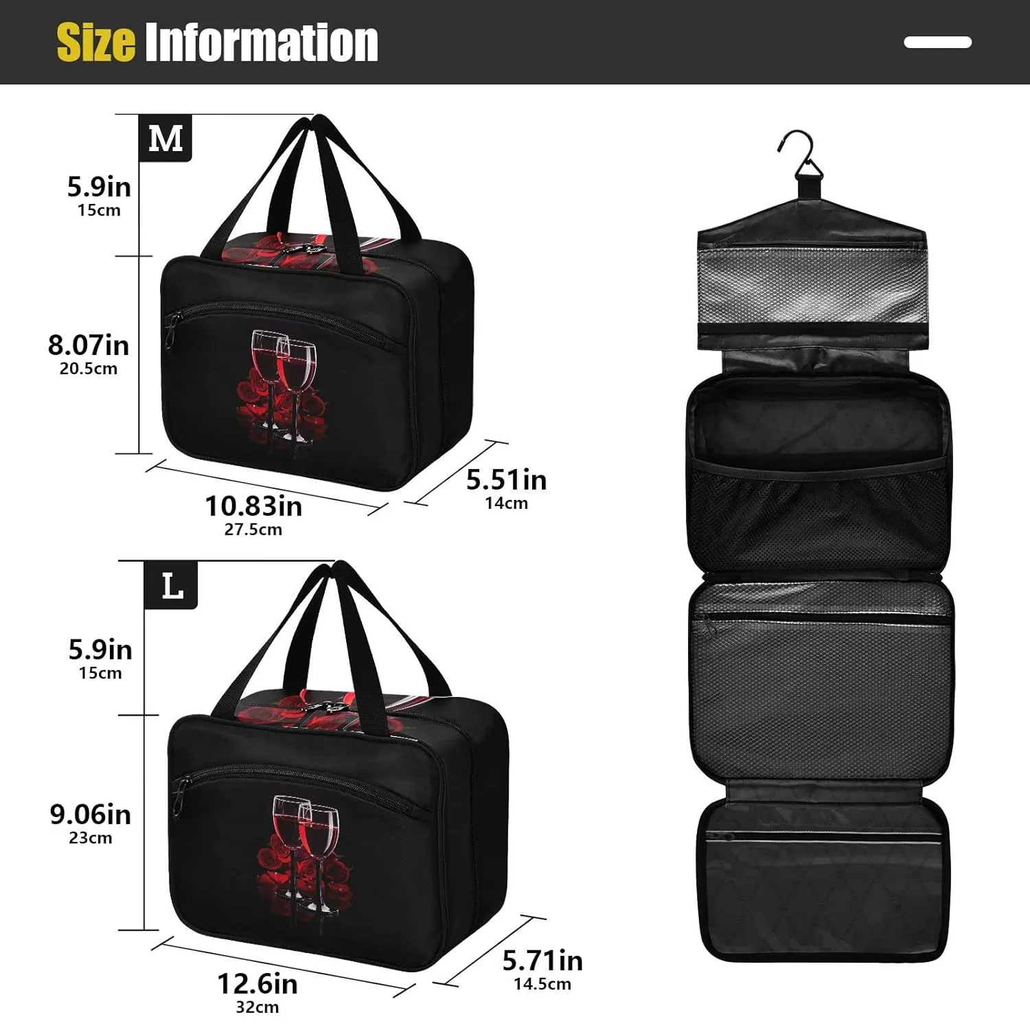 Two Glasses of Red Wine with Red Rose on Dark 1 PC Hanging Travel Wash bag with Handles, Portable Makeup Organizer Brush Storage Case Portable Travel Cosmetic with Hook M