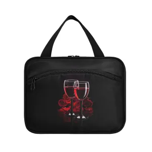 Two Glasses of Red Wine with Red Rose on Dark 1 PC Hanging Travel Wash bag with Handles, Portable Makeup Organizer Brush Storage Case Portable Travel Cosmetic with Hook M