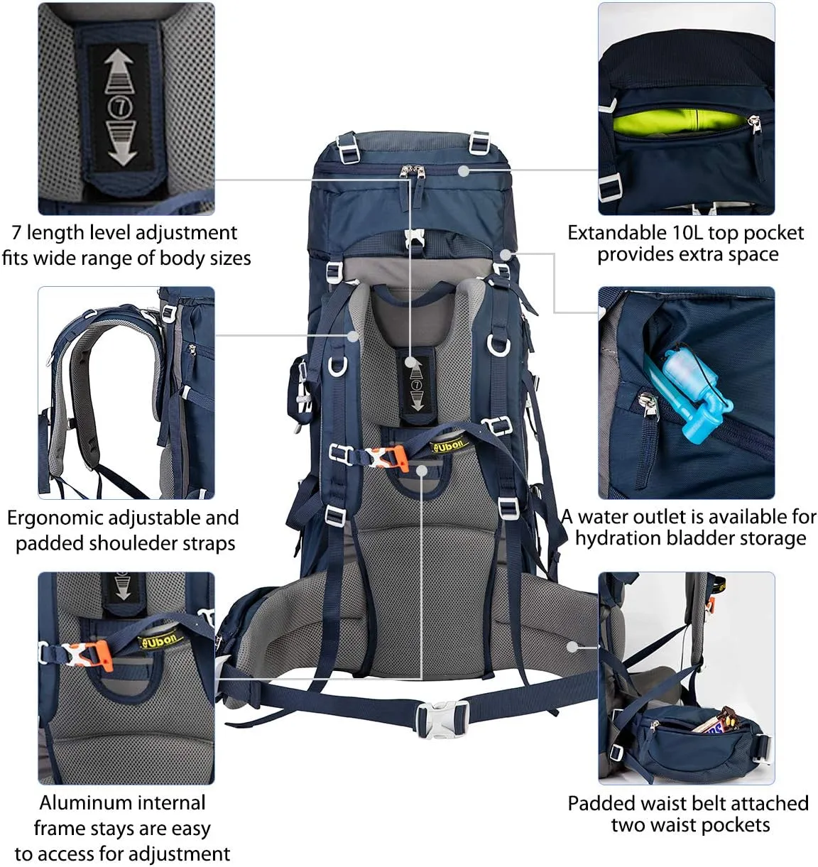 Ubon 60L Internal Frame Hiking Backpack Waterproof Camping Backpack with Rain Cover