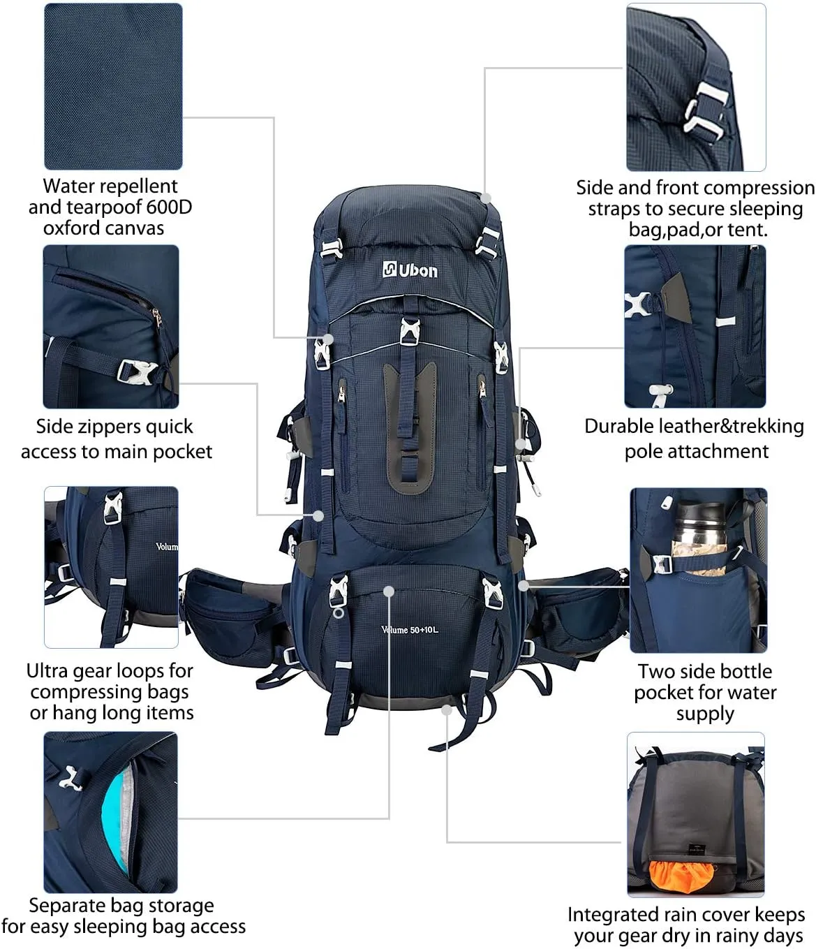 Ubon 60L Internal Frame Hiking Backpack Waterproof Camping Backpack with Rain Cover
