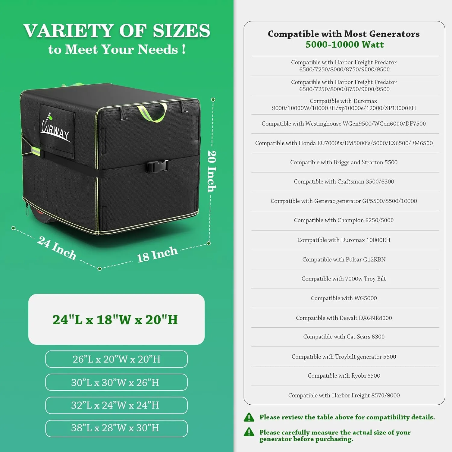 UIRWAY Generator Cover Heavy Duty Waterproof, 24”L x 18”W x 20”H Universal Generator Cover with Reflective Handles, 600D UV-Resistant Weatherproof Protection Cover for Most Generators 5000-10000 Watt