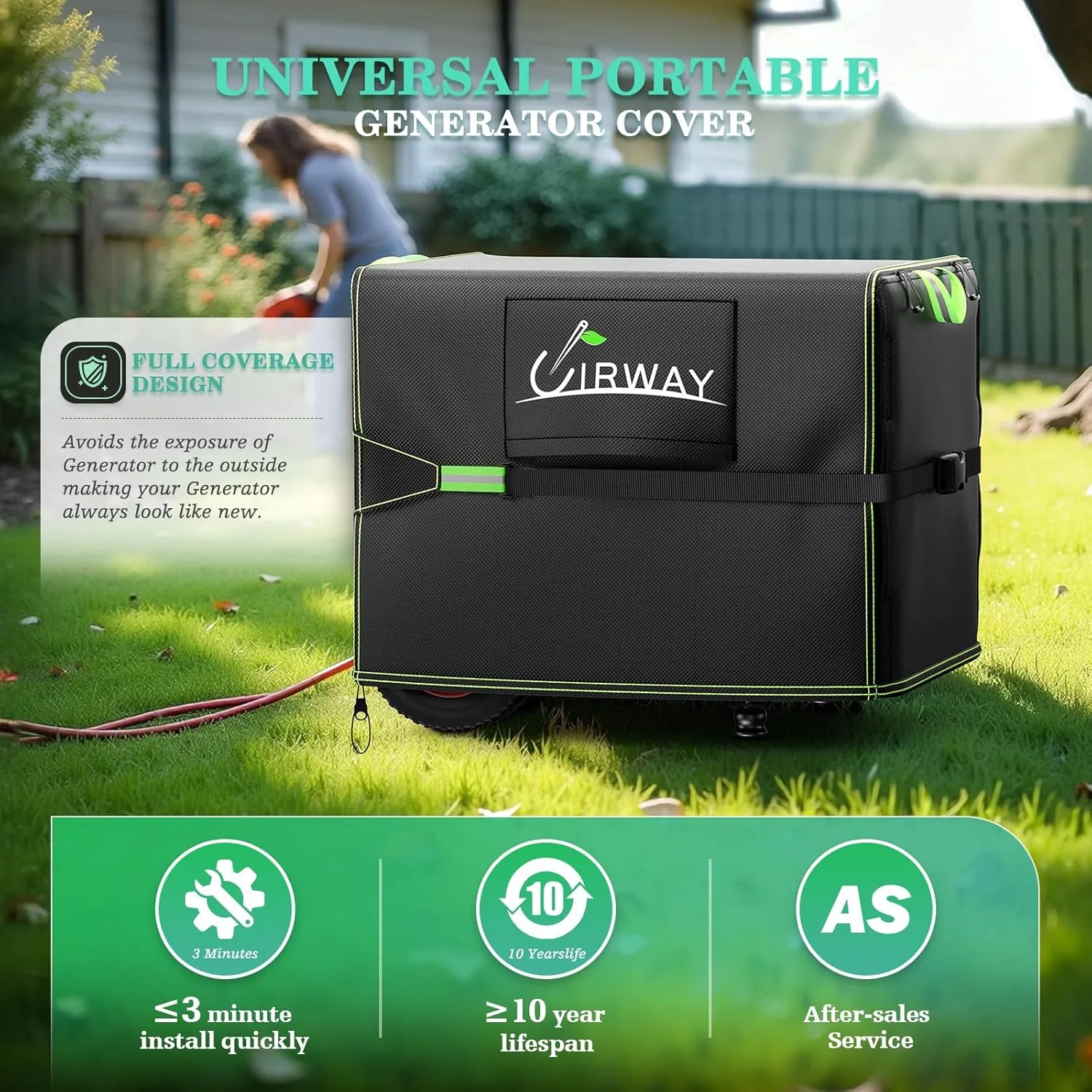 UIRWAY Generator Cover Heavy Duty Waterproof, 24”L x 18”W x 20”H Universal Generator Cover with Reflective Handles, 600D UV-Resistant Weatherproof Protection Cover for Most Generators 5000-10000 Watt