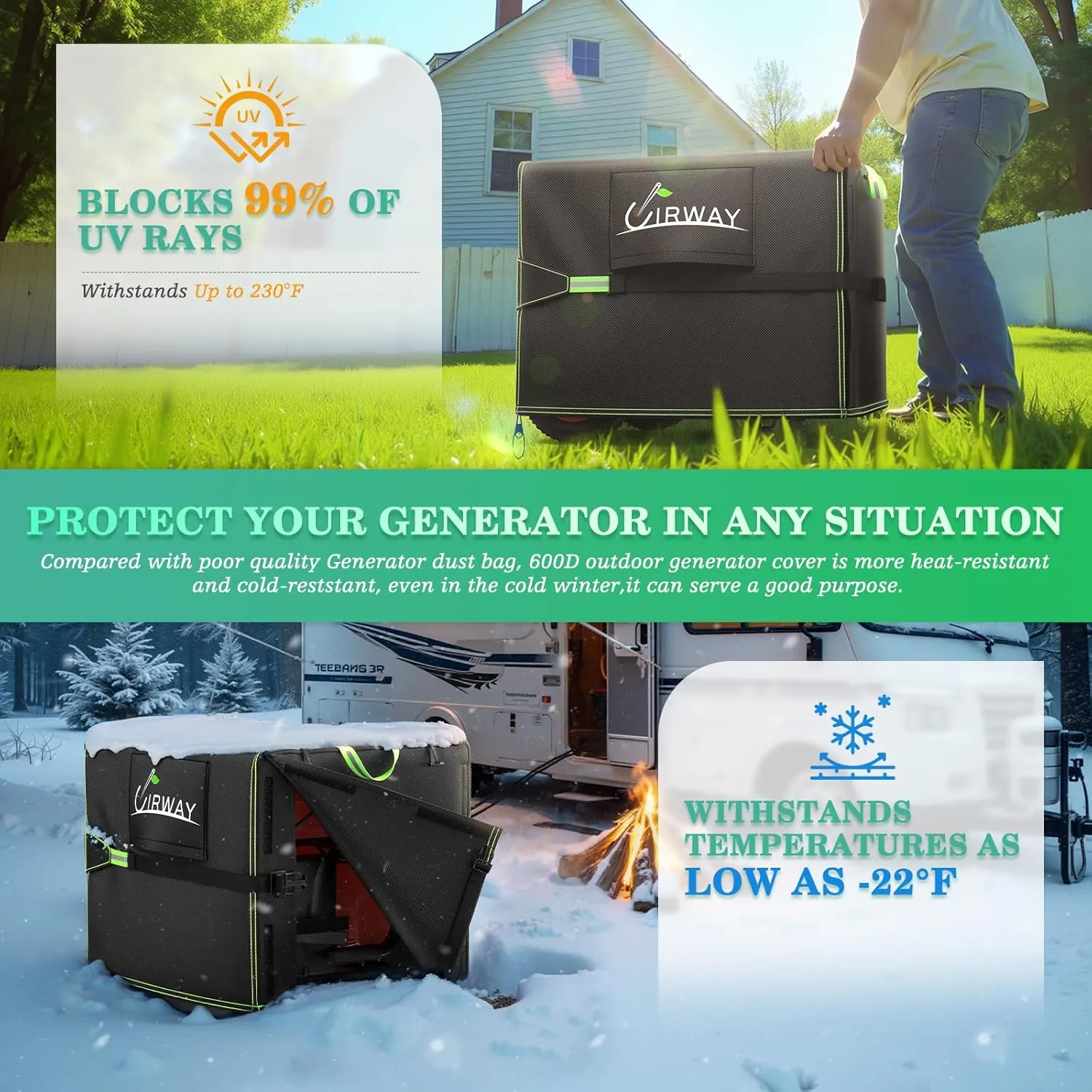 UIRWAY Generator Cover Heavy Duty Waterproof, 24”L x 18”W x 20”H Universal Generator Cover with Reflective Handles, 600D UV-Resistant Weatherproof Protection Cover for Most Generators 5000-10000 Watt
