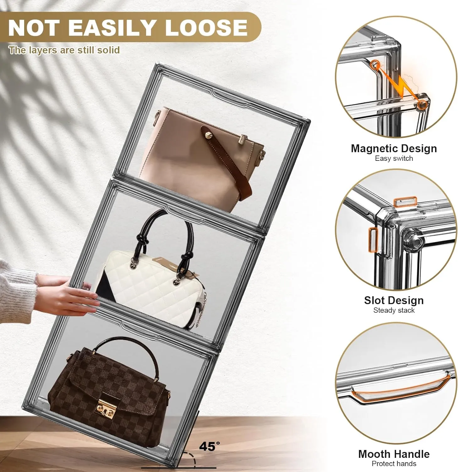 ULENDIS 4 Pack Handbag Storage Organizer for Closet, Transparent Gray Acrylic Display Case for Handbag Purse, Stackable Storage Organizer with Magnetic Door for Wallet Book Cosmetic Toys Display