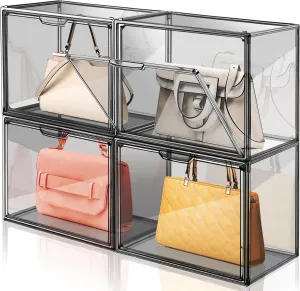 ULENDIS 4 Pack Handbag Storage Organizer for Closet, Transparent Gray Acrylic Display Case for Handbag Purse, Stackable Storage Organizer with Magnetic Door for Wallet Book Cosmetic Toys Display