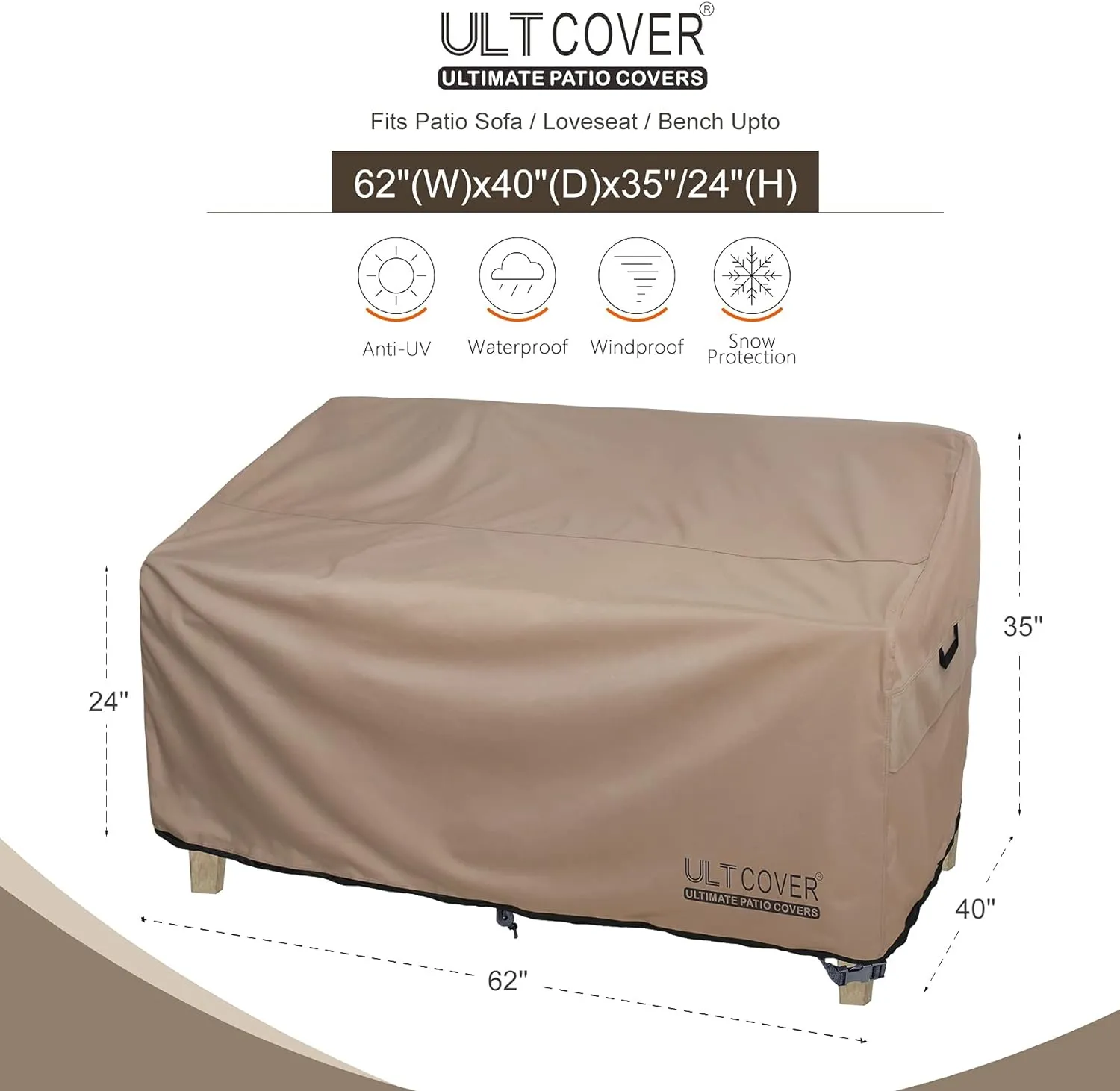 ULTCOVER Waterproof Outdoor Deep Seat Sofa Bench Cover 62W x 40D x 35H inch Patio Furniture Loveseat Cover