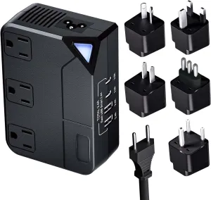 Universal 100V-220V Travel Converter，250W Voltage Converter with 2 USB and 2 USB-C Charging Ports and 3 AC Plugs for curlers, straighteners, Included Plugs are Type A, C, D, G, I, L