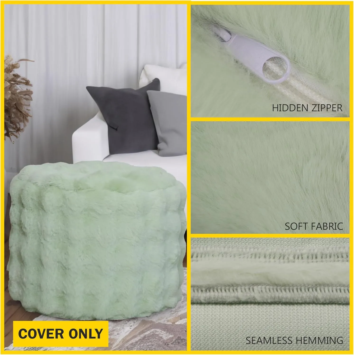 Unstuffed Faux Fur Pouf Cover - Plush Cozy Ottoman Cover ONLY, Stuffed Animal Organizer Blankets Storage Modern Home Decor Shoe Stool Foot Rest (Green)