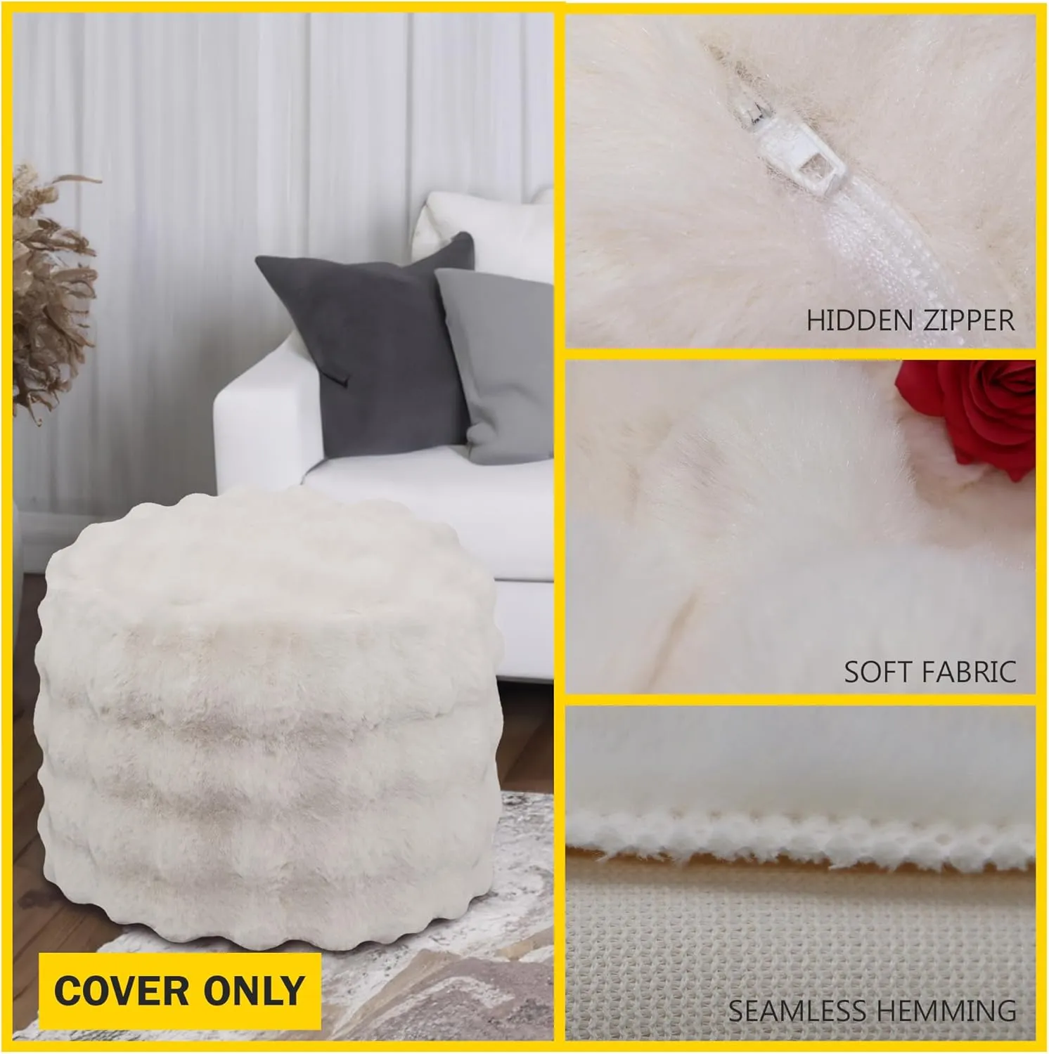Unstuffed Faux Fur Pouf Cover - Plush Cozy Ottoman Cover ONLY, Stuffed Animal Organizer Cat Bed Storage Multi Purpose Modern Home Shoe Stool Foot Rest (Off-White)