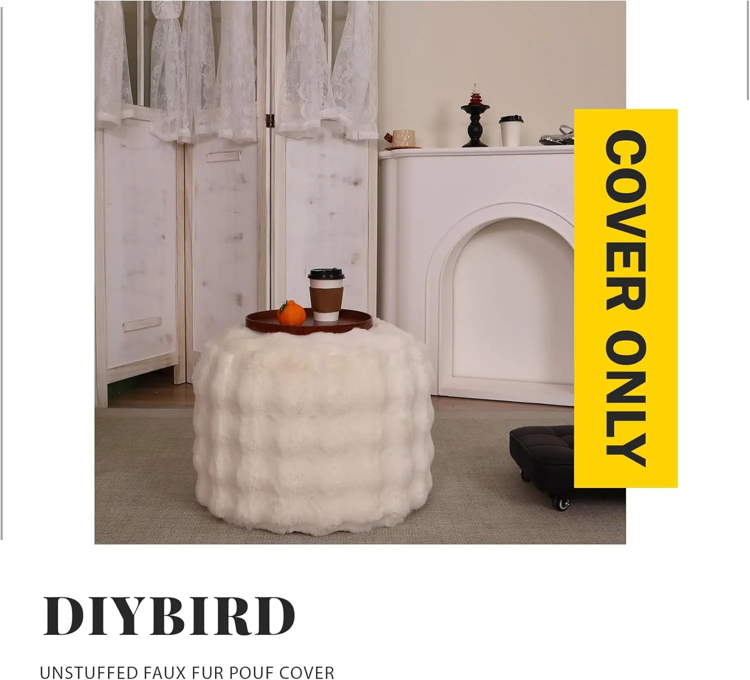 Unstuffed Faux Fur Pouf Cover - Plush Cozy Ottoman Cover ONLY, Stuffed Animal Organizer Cat Bed Storage Multi Purpose Modern Home Shoe Stool Foot Rest (Off-White)