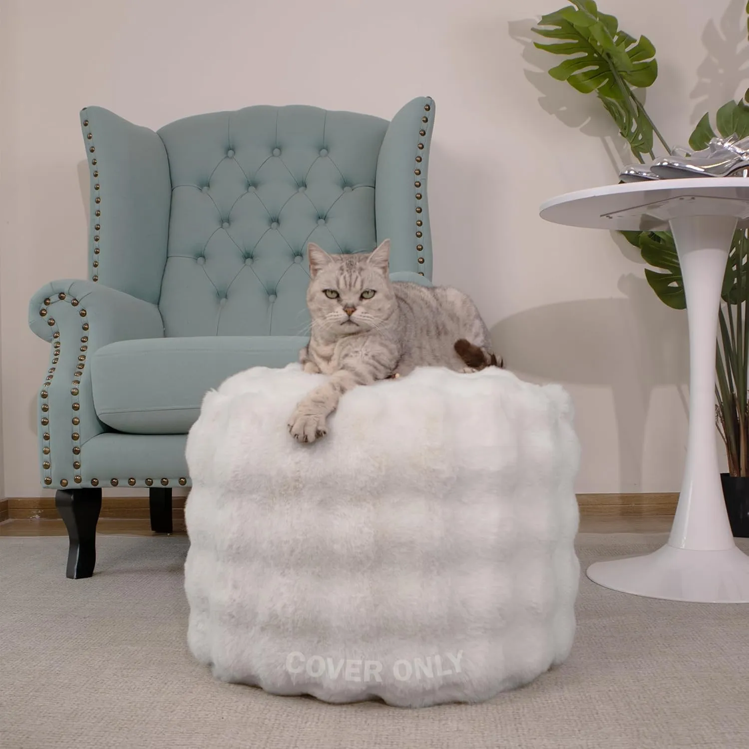 Unstuffed Faux Fur Pouf Cover - Plush Cozy Ottoman Cover ONLY, Stuffed Animal Organizer Cat Bed Storage Multi Purpose Modern Home Shoe Stool Foot Rest (Off-White)
