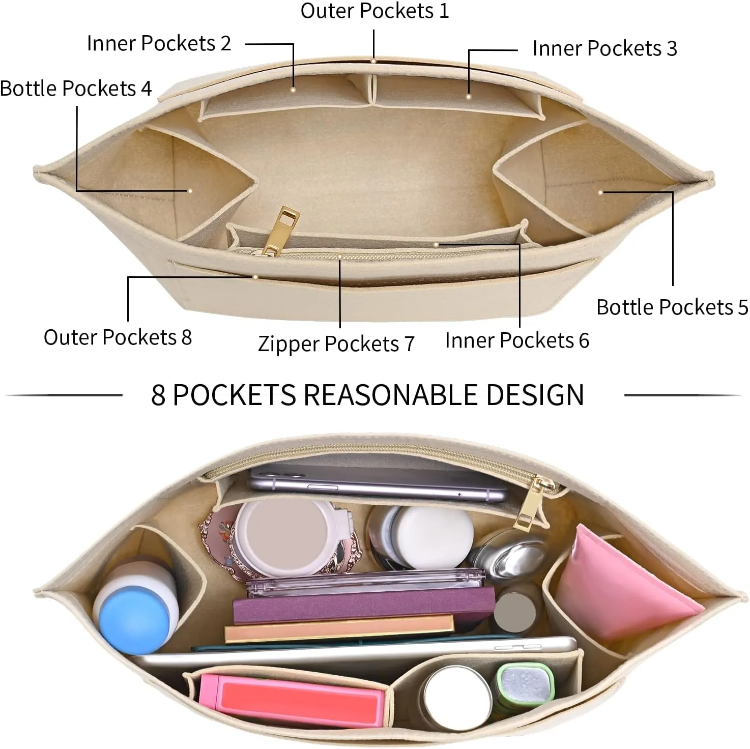 Upgraded Felt Organizer Insert for Longchamp Le Pliage L Handbag Insert (Beige, Large)