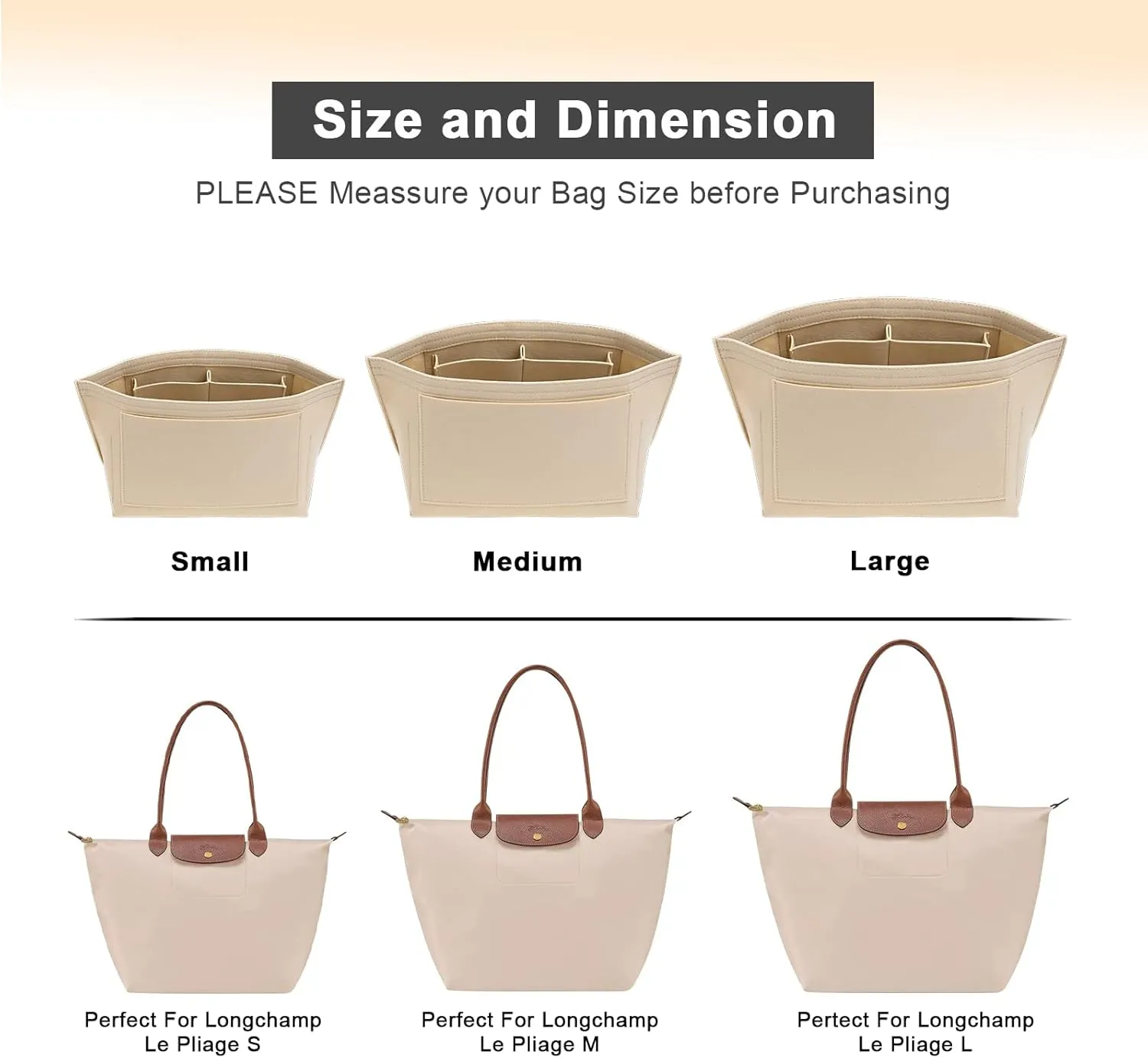 Upgraded Felt Organizer Insert for Longchamp Le Pliage L Handbag Insert (Beige, Large)