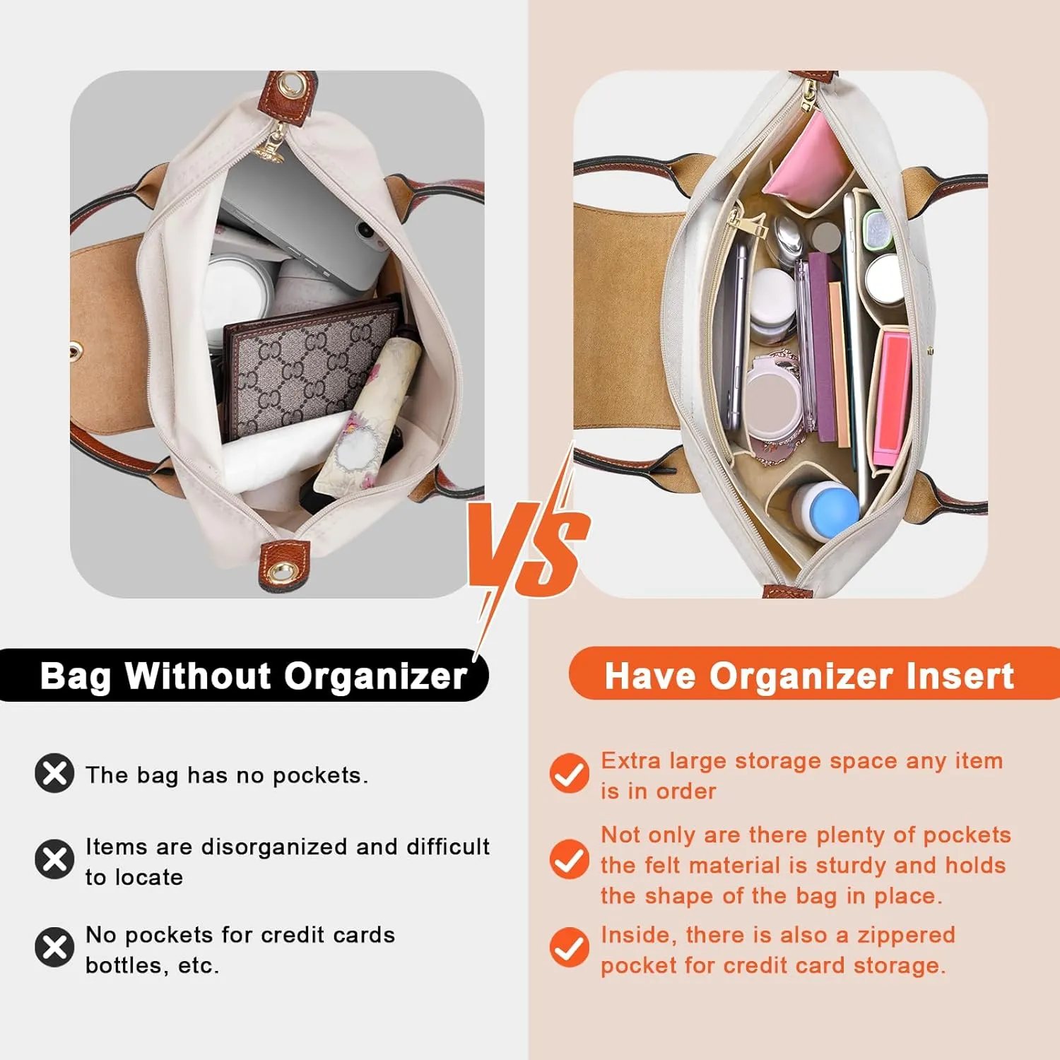 Upgraded Felt Organizer Insert for Longchamp Le Pliage L Handbag Insert (Beige, Large)