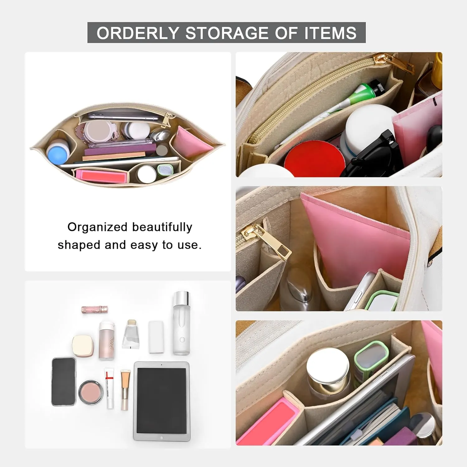 Upgraded Felt Organizer Insert for Longchamp Le Pliage L Handbag Insert (Beige, Large)