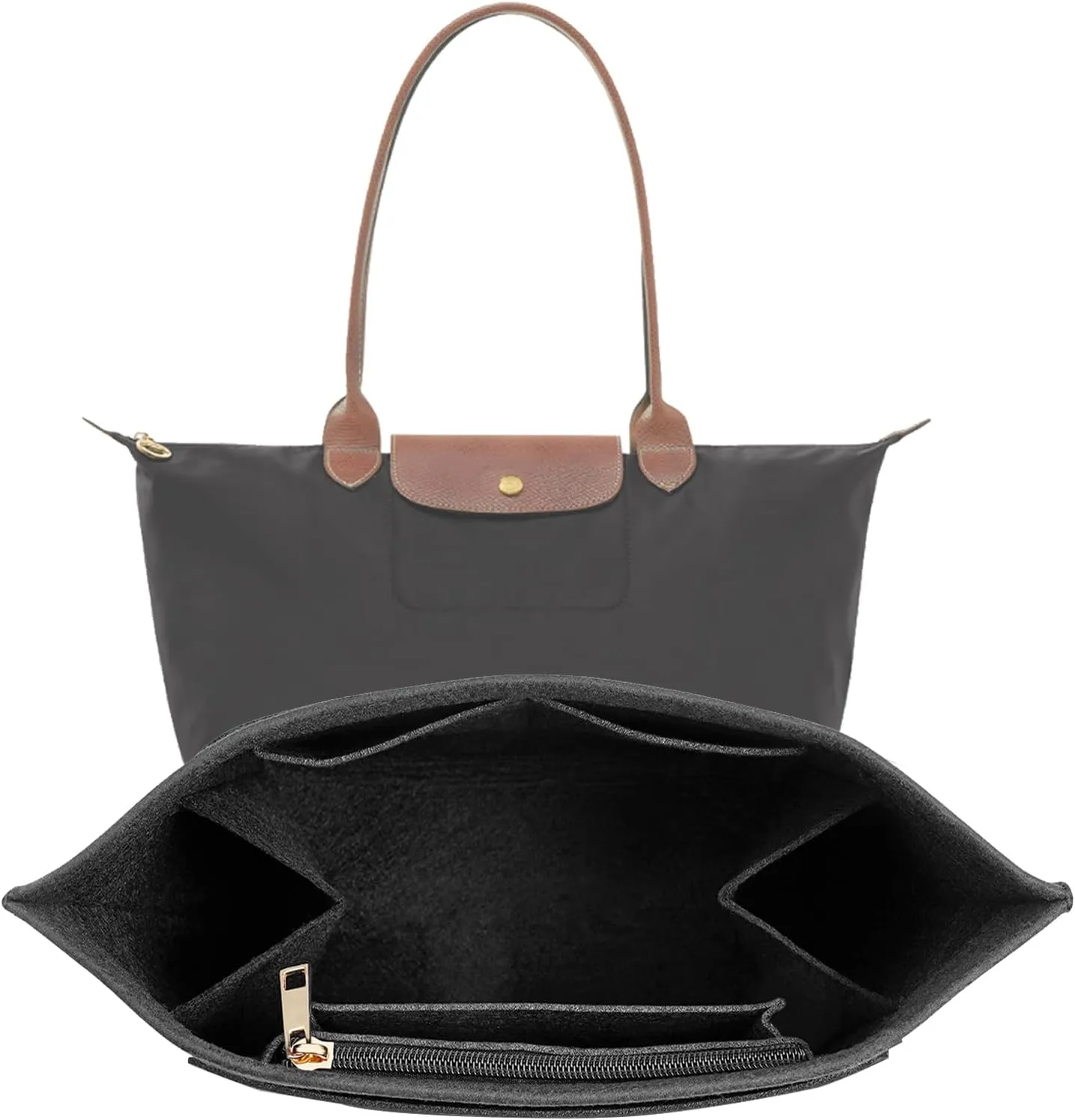 Upgraded Felt Organizer Insert for Longchamp Le Pliage L Handbag Insert (Black, Large)