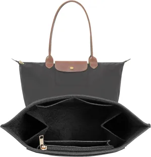 Upgraded Felt Organizer Insert for Longchamp Le Pliage L Handbag Insert (Black, Large)