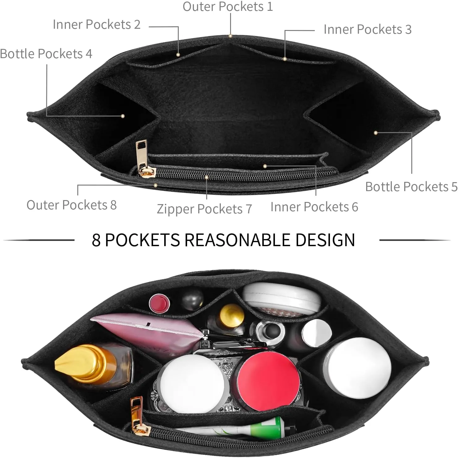 Upgraded Felt Organizer Insert for Longchamp Le Pliage L Handbag Insert (Black, Large)