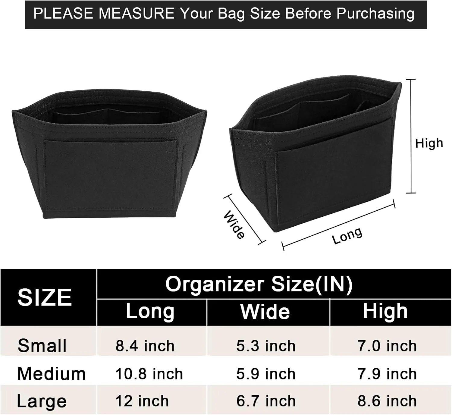 Upgraded Felt Organizer Insert for Longchamp Le Pliage L Handbag Insert (Black, Large)
