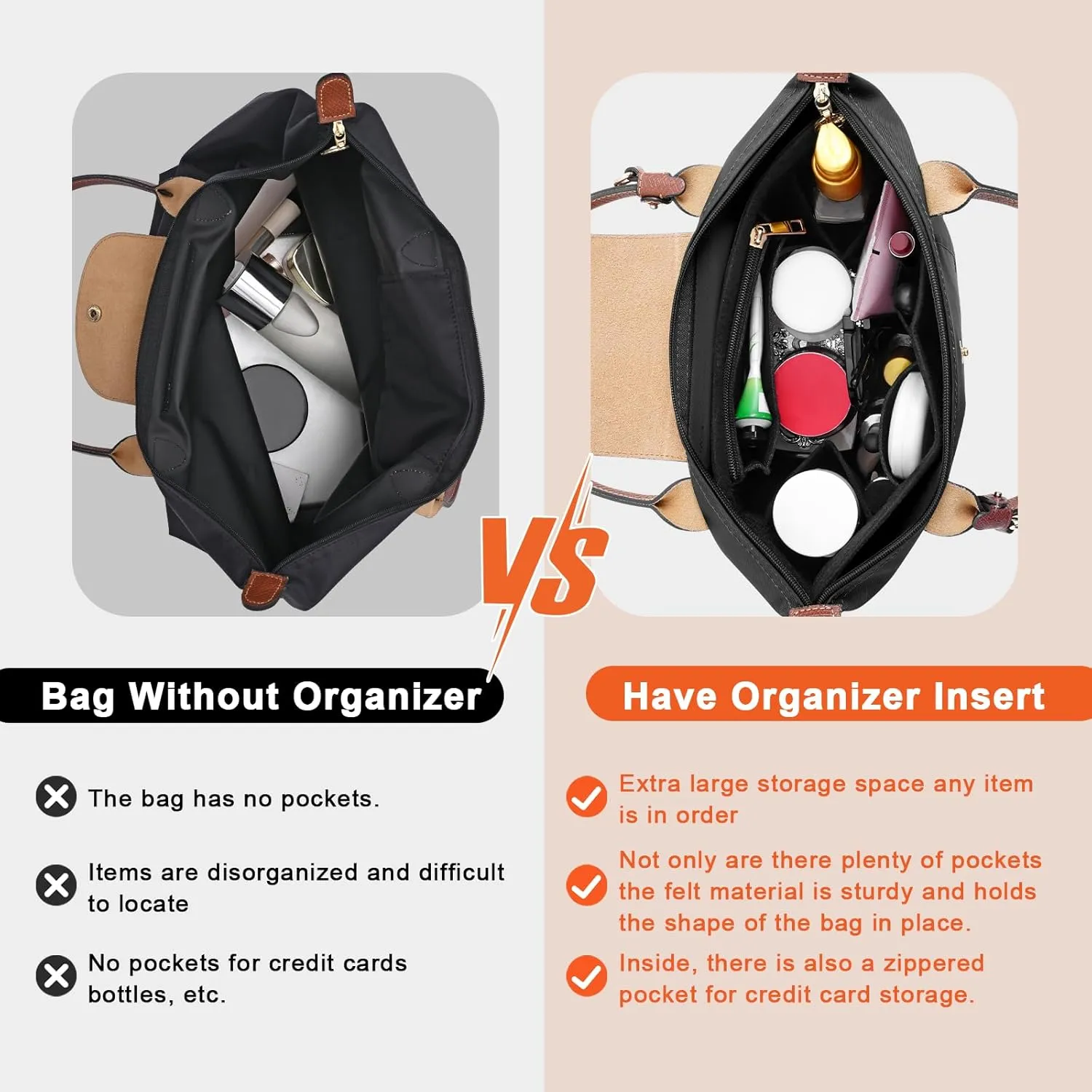 Upgraded Felt Organizer Insert for Longchamp Le Pliage L Handbag Insert (Black, Large)