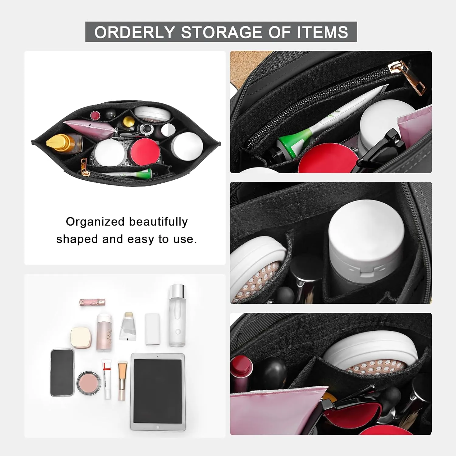 Upgraded Felt Organizer Insert for Longchamp Le Pliage L Handbag Insert (Black, Large)