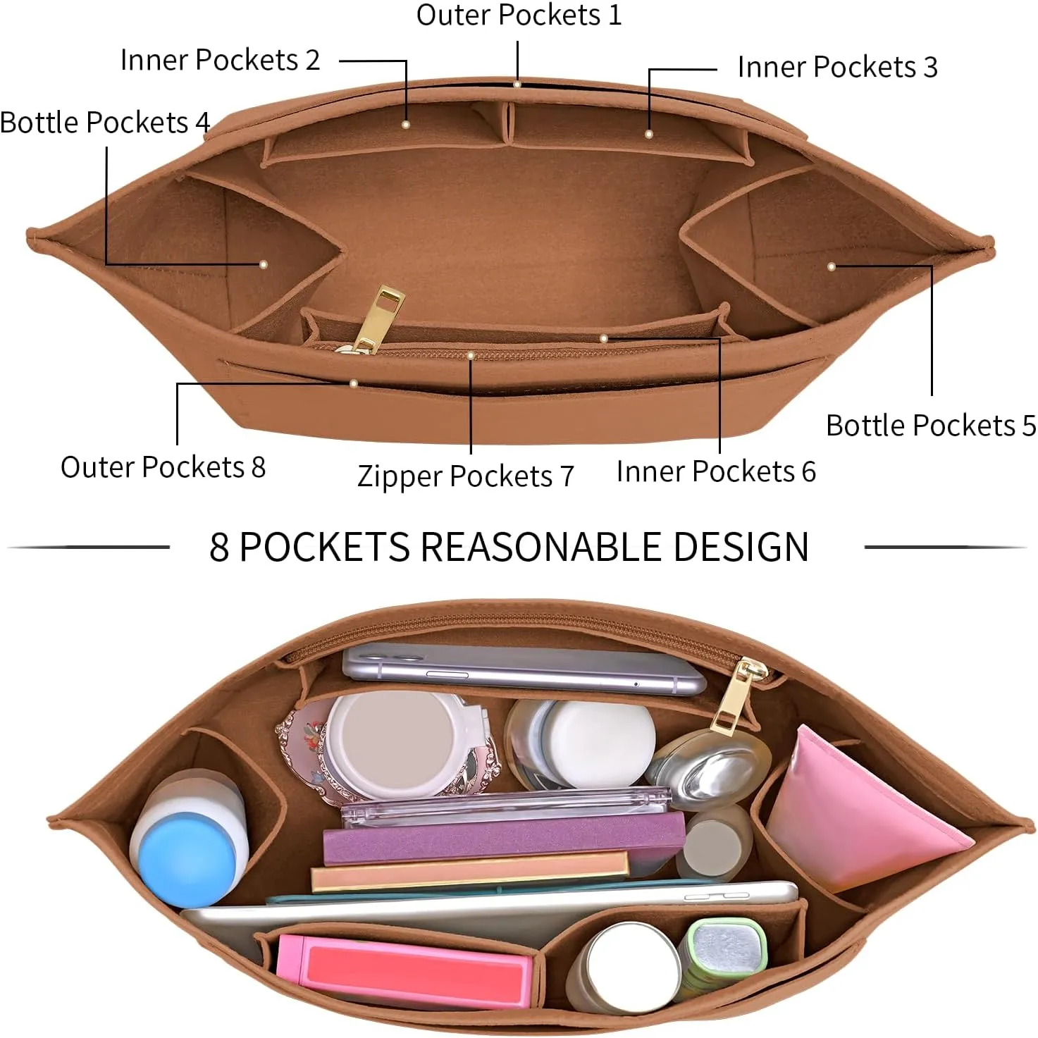 Upgraded Felt Organizer Insert for Longchamp Le Pliage L Handbag Insert (EarthColor, Large)