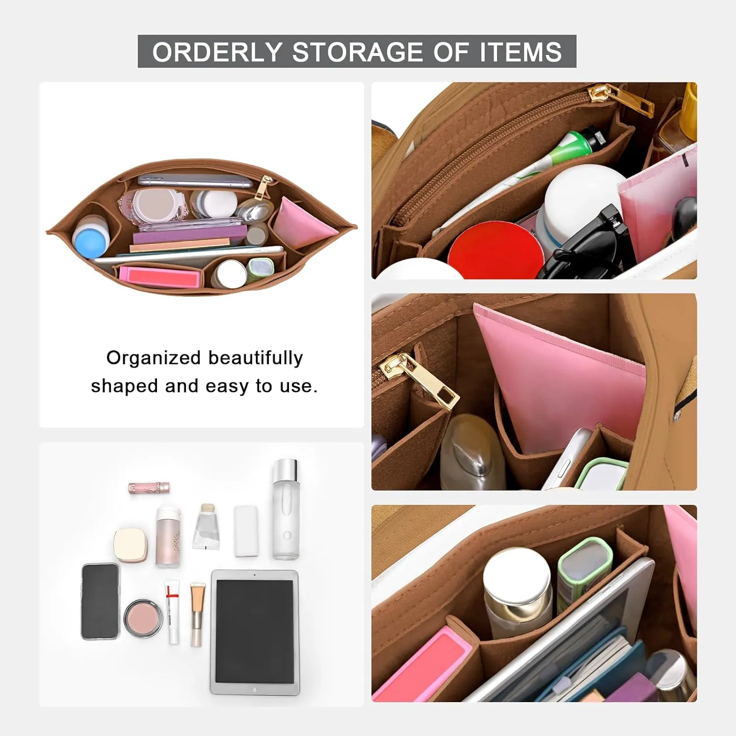 Upgraded Felt Organizer Insert for Longchamp Le Pliage L Handbag Insert (EarthColor, Large)