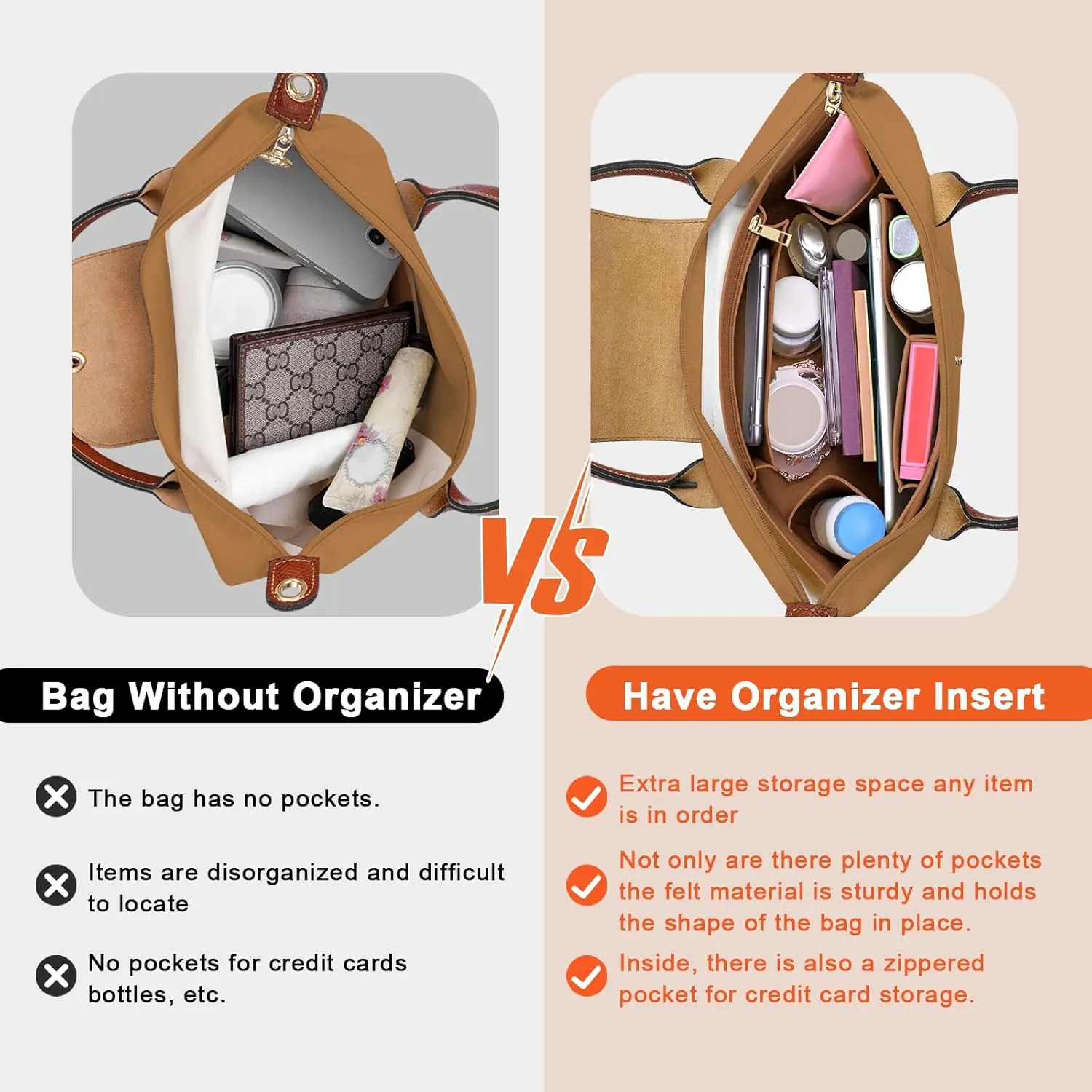Upgraded Felt Organizer Insert for Longchamp Le Pliage L Handbag Insert (EarthColor, Large)