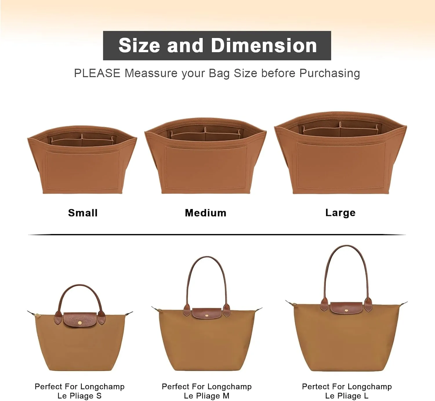 Upgraded Felt Organizer Insert for Longchamp Le Pliage L Handbag Insert (EarthColor, Large)