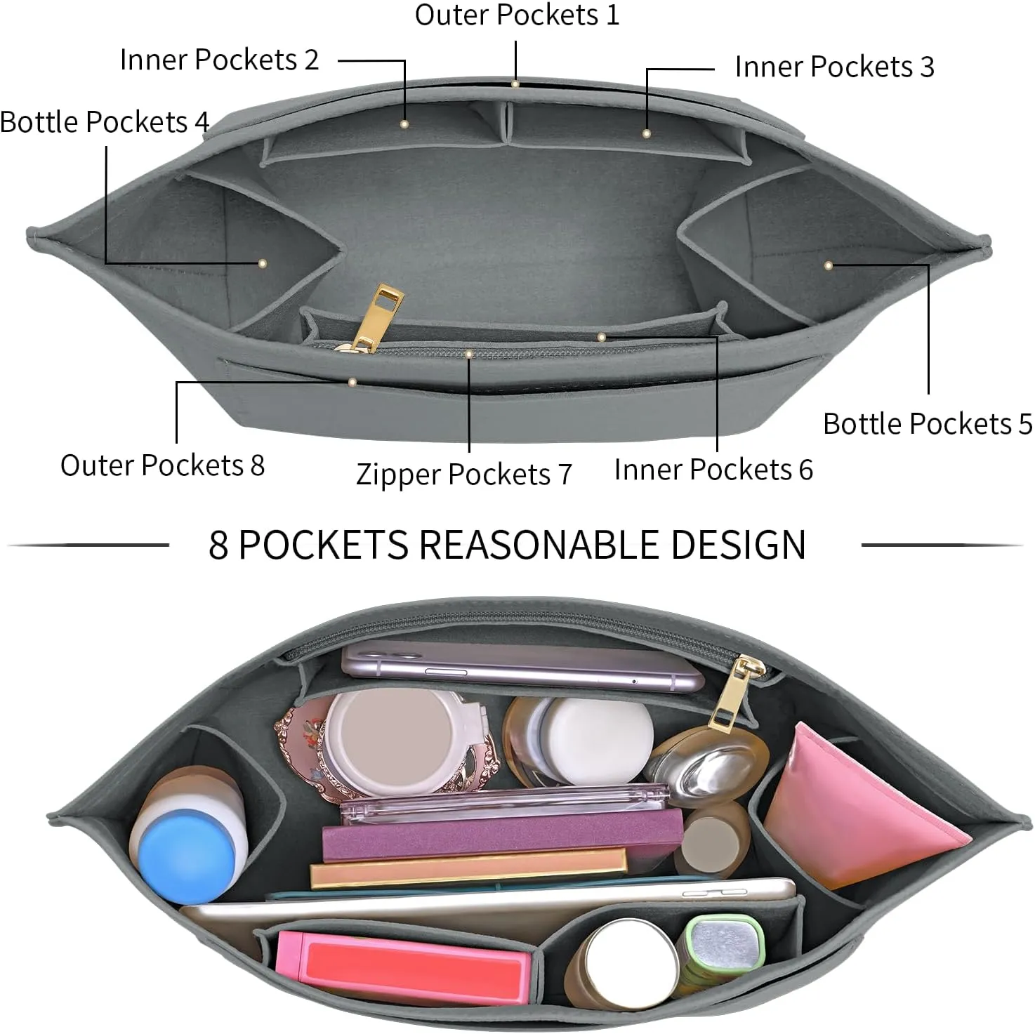 Upgraded Flet Organizer Insert for Longchamp Le Pliage M Handbag Insert (LightGrey, Medium)
