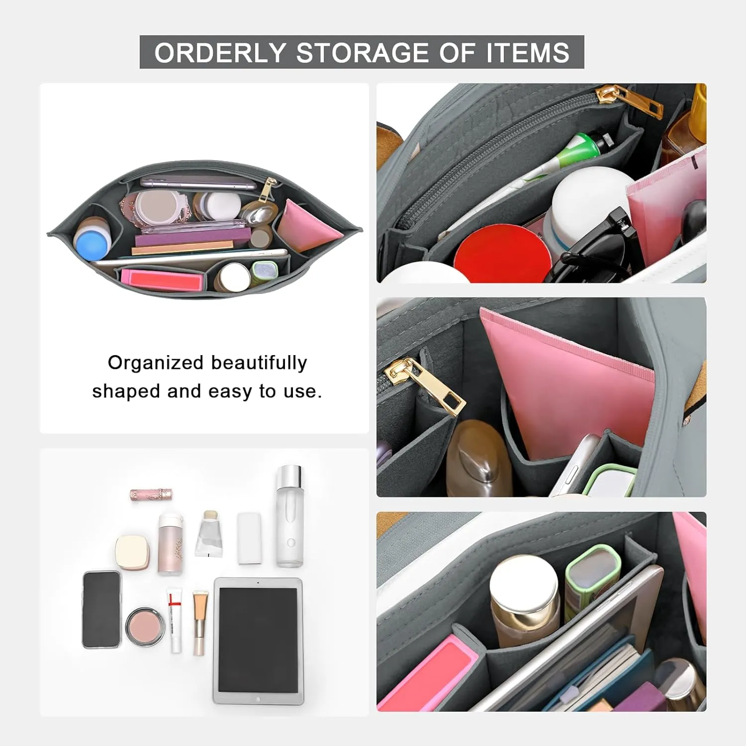 Upgraded Flet Organizer Insert for Longchamp Le Pliage M Handbag Insert (LightGrey, Medium)