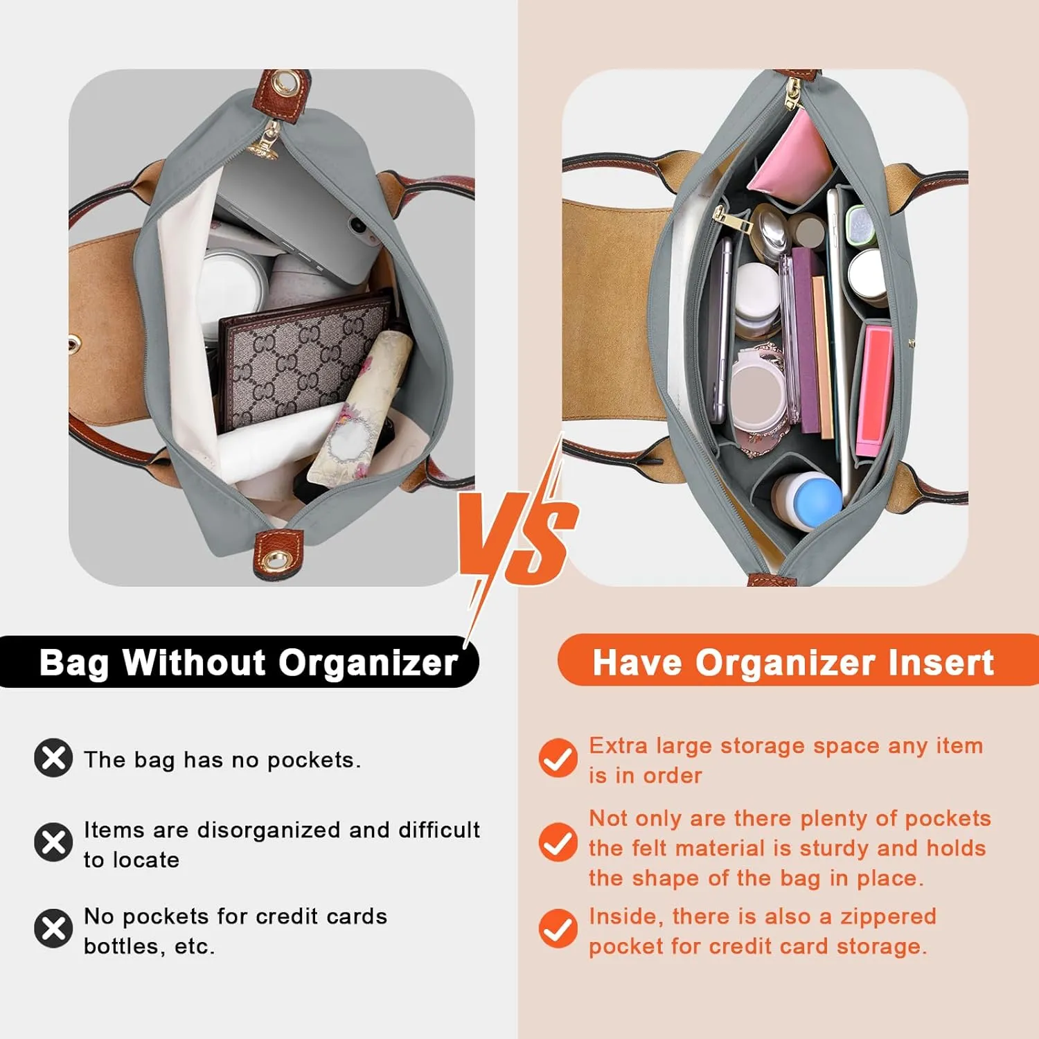 Upgraded Flet Organizer Insert for Longchamp Le Pliage M Handbag Insert (LightGrey, Medium)