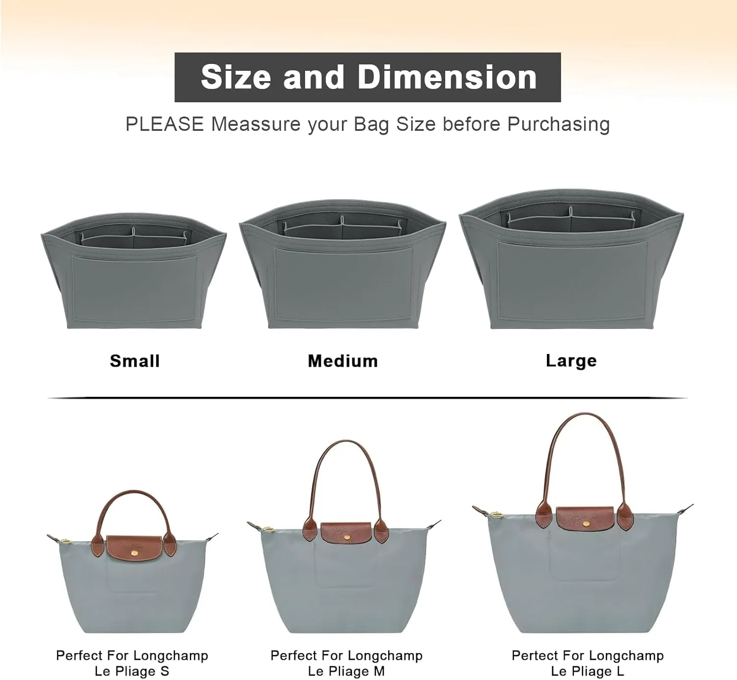 Upgraded Flet Organizer Insert for Longchamp Le Pliage M Handbag Insert (LightGrey, Medium)