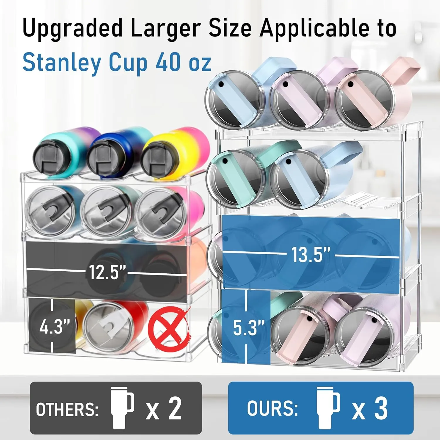 Upgraded Larger Water Bottle Organizer for Stanley 40 oz Tumbler with Handle, Stanley Cup Organizer for Cabinet, Kitchen Storage for Accessories, Tumbler Mug Cup Hold 12