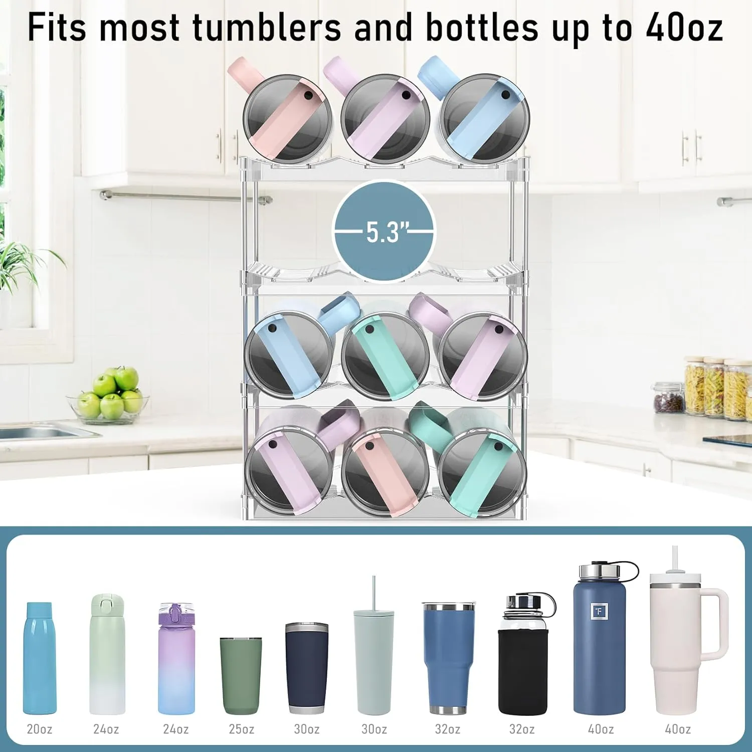 Upgraded Larger Water Bottle Organizer for Stanley 40 oz Tumbler with Handle, Stanley Cup Organizer for Cabinet, Kitchen Storage for Accessories, Tumbler Mug Cup Hold 12