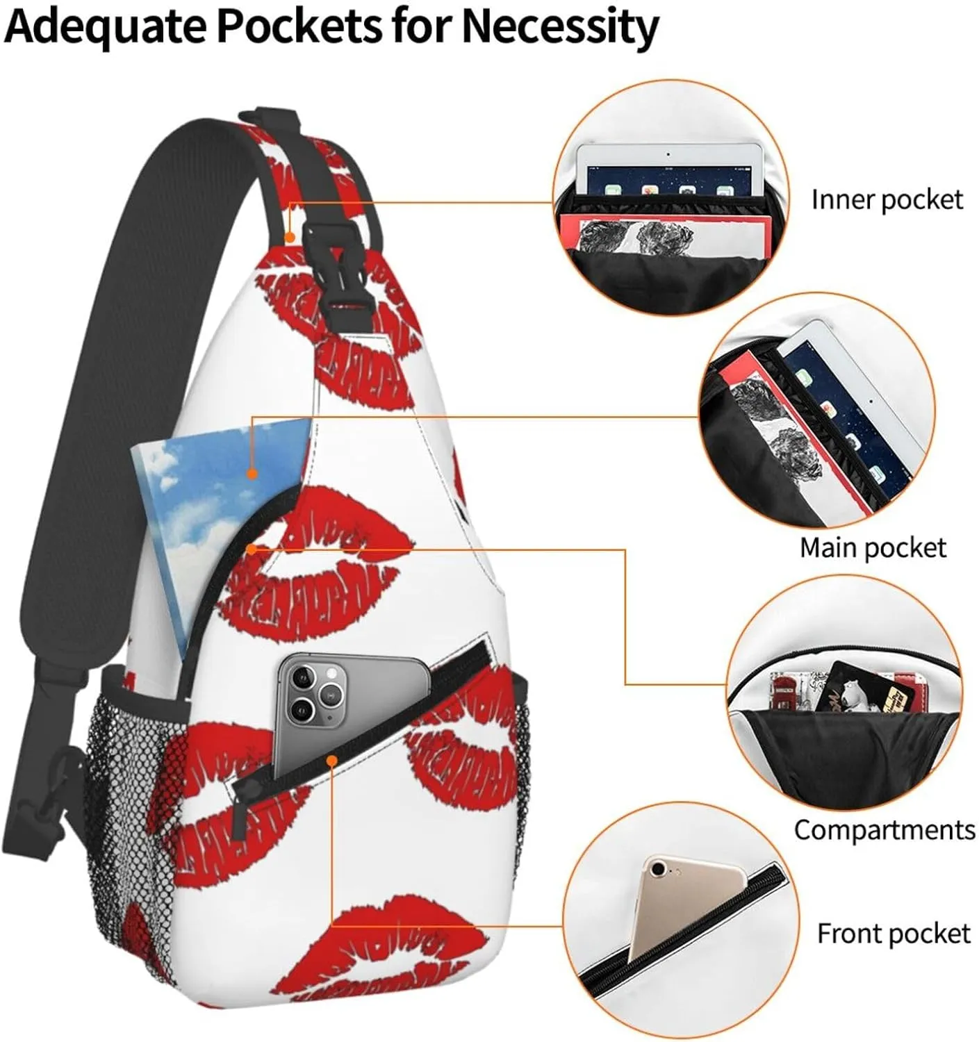 Valentine Kiss Hot Red Nice Lips Chest Sling Bag Crossbody Shoulder Backpack Bag Gym Cycling Daypack Travel Hiking Cross Bag