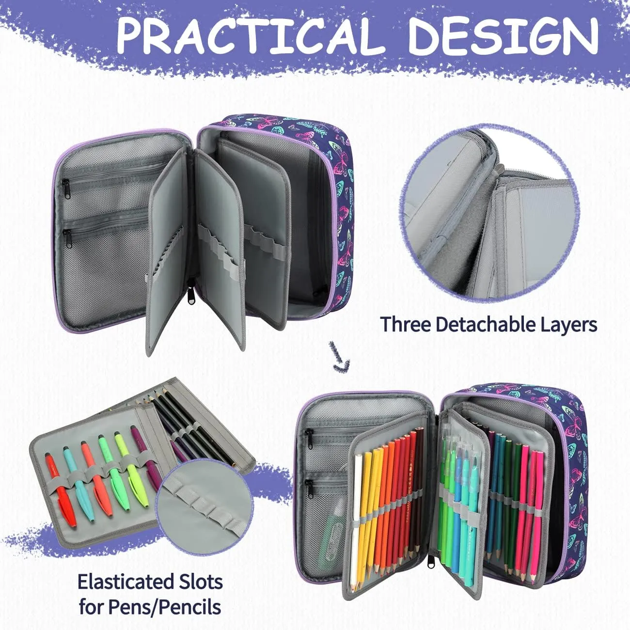 VASCHY Large Pencil Case Bag, Art Supply Marker Organizer Big Pen Pouch with 3 Detachable Layers Slots Multiple Zipper Pockets for Kids Adults School Office Butterfly