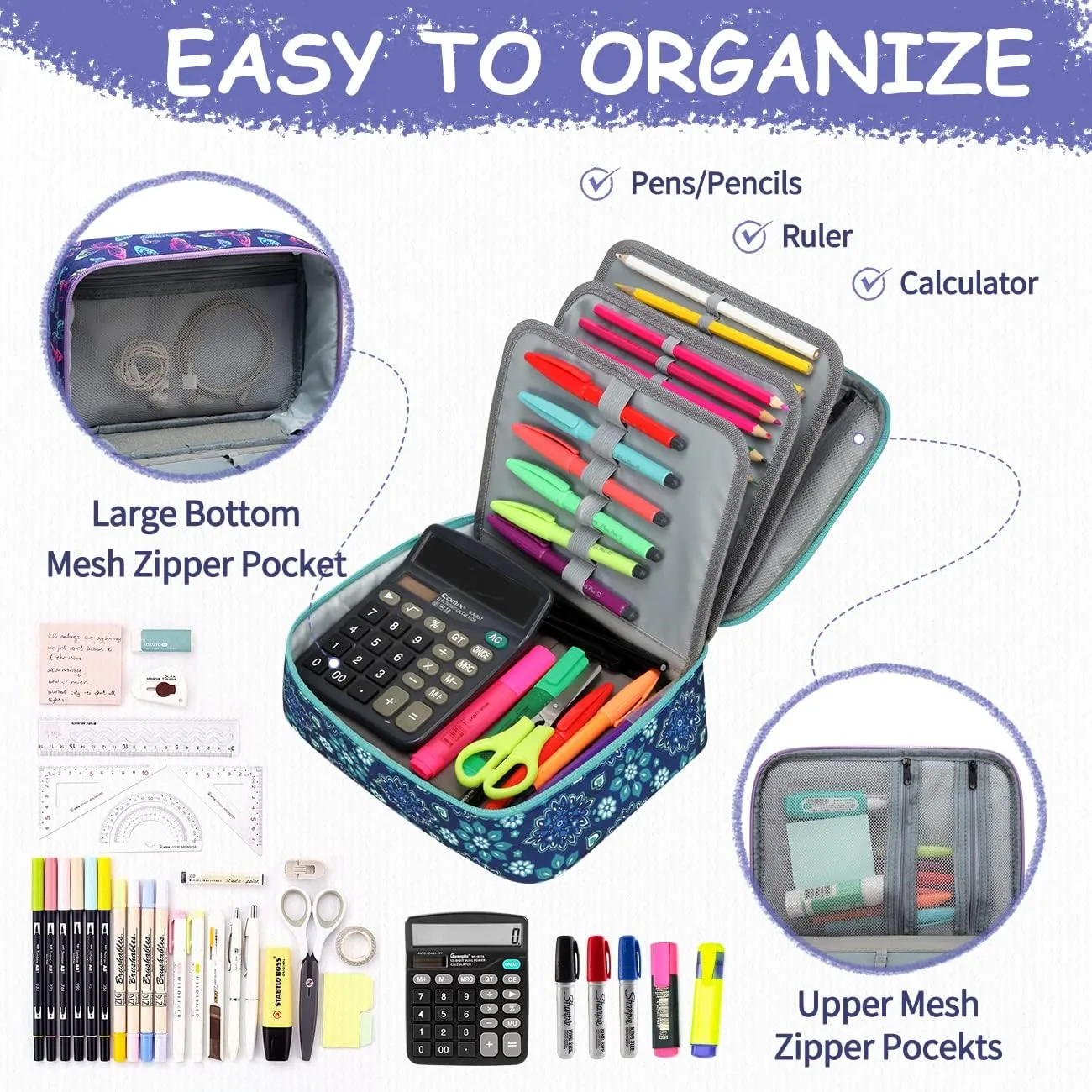VASCHY Large Pencil Case Bag, Art Supply Marker Organizer Big Pen Pouch with 3 Detachable Layers Slots Multiple Zipper Pockets for Kids Adults School Office Butterfly