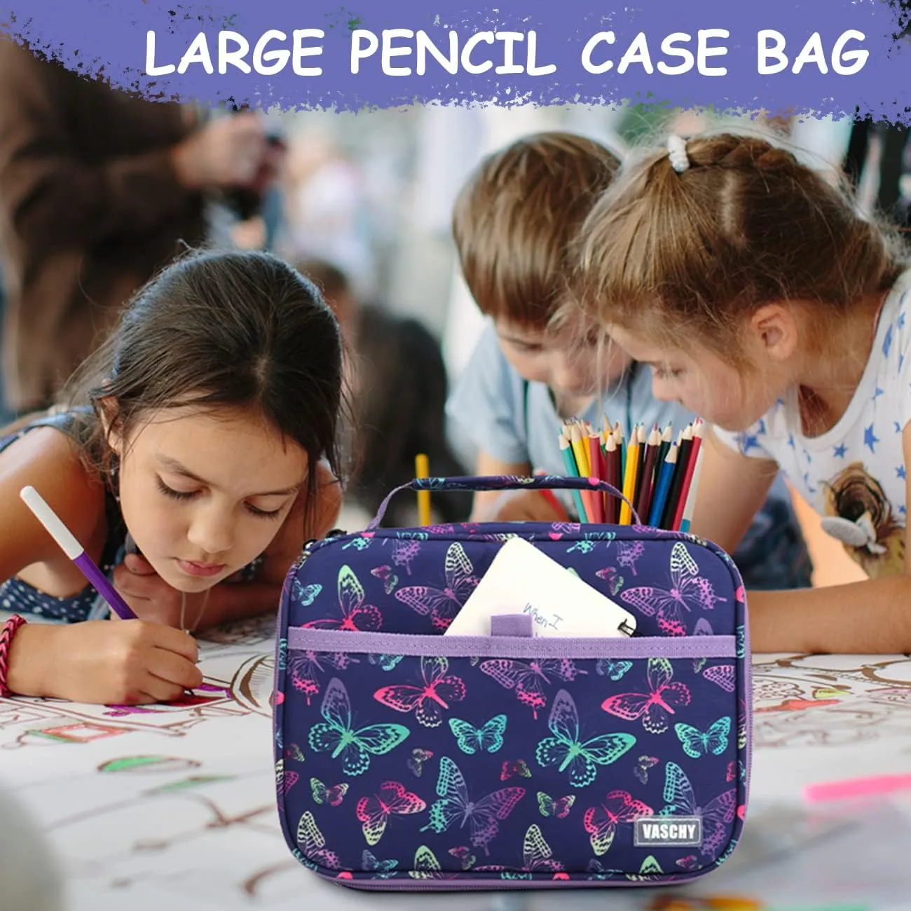 VASCHY Large Pencil Case Bag, Art Supply Marker Organizer Big Pen Pouch with 3 Detachable Layers Slots Multiple Zipper Pockets for Kids Adults School Office Butterfly