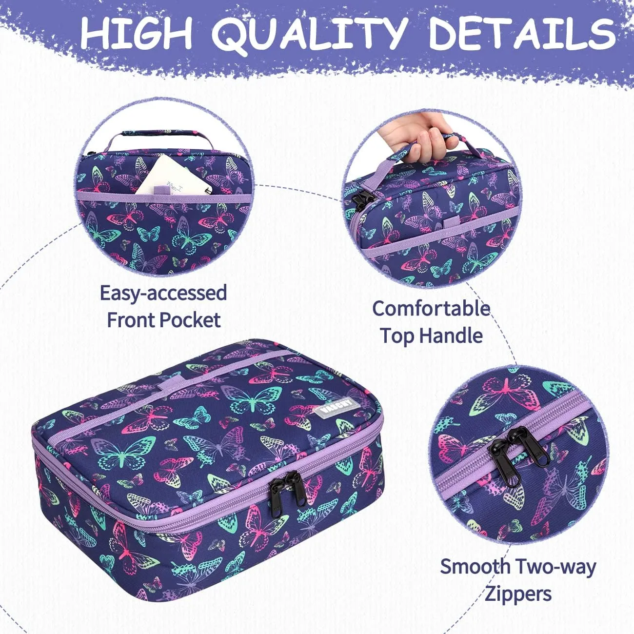 VASCHY Large Pencil Case Bag, Art Supply Marker Organizer Big Pen Pouch with 3 Detachable Layers Slots Multiple Zipper Pockets for Kids Adults School Office Butterfly