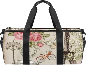 Vintage Paris Postcard Small Gym Duffel Bag for Adults, Lightweight Sports Travel Bag with Wet Pocket, Durable Overnight Luggage Bag