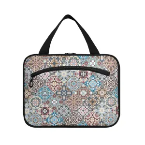 Vintage Retro Abstract Mosaic Oriental Square Scraps Flowers 1 PC Hanging Travel Wash bag with Handles, Portable Makeup Organizer Brush Storage Case Portable Travel Cosmetic with Hook M