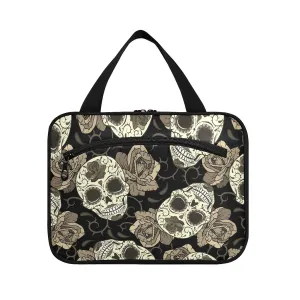 Vintage Retro Seamless Gothic Sugar Skulls with Roses, Roses Thorns 1 PC Hanging Travel Wash bag with Handles, Portable Makeup Organizer Brush Storage Case Portable Travel Cosmetic with Hook M