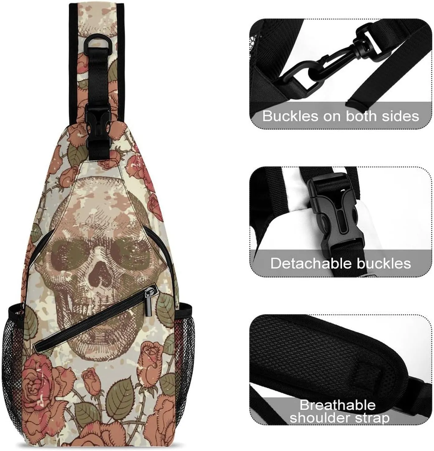 Vintage-skull-style Crossbody Sling Backpack, Shoulder Bag Chest Bag for Travel Sport Running