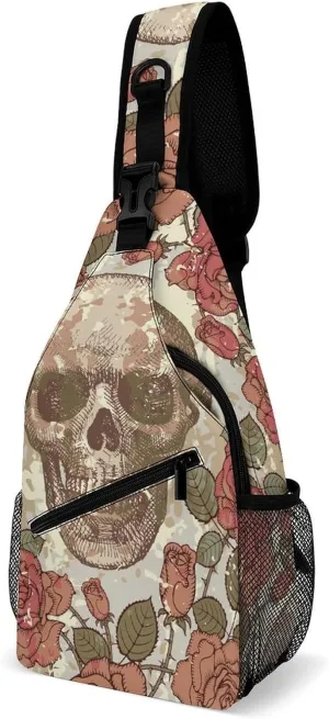 Vintage-skull-style Crossbody Sling Backpack, Shoulder Bag Chest Bag for Travel Sport Running