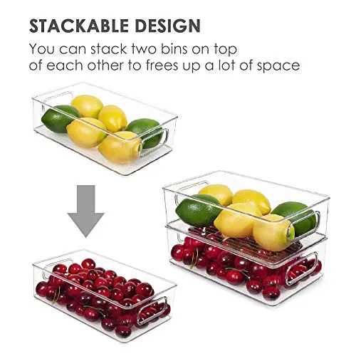 Vtopmart Stackable Clear Plastic Storage Bins, 4 Pack Food Organizer Bins with Handles for Refrigerator, Freezer, Cabinet, Kitchen, Pantry Organization, BPA Free, 10" Long